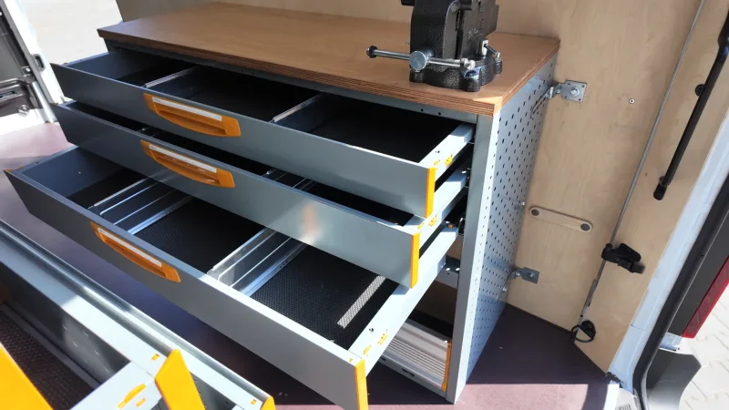 Store Van shelving system and work surface